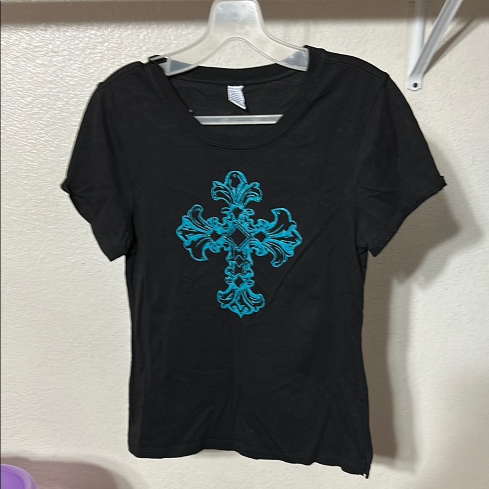 Black T-Shirt with Blue Cross Design